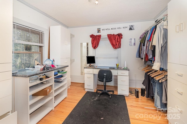 office with a textured ceiling, light wood finished floors, and crown molding