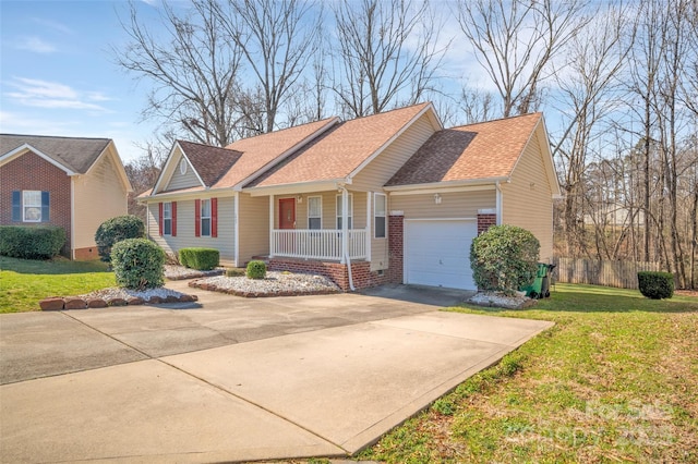 single story home featuring a shingled roof, concrete driveway, a porch, an attached garage, and a front lawn