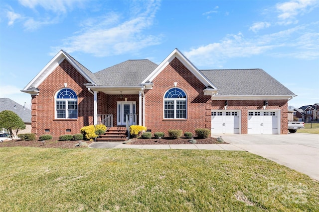 view of front of house with a garage, brick siding, crawl space, and a shingled roof