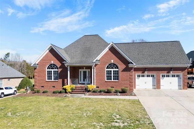 view of front facade featuring a garage, brick siding, a shingled roof, concrete driveway, and crawl space