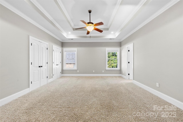 spare room featuring light carpet, baseboards, a raised ceiling, and crown molding