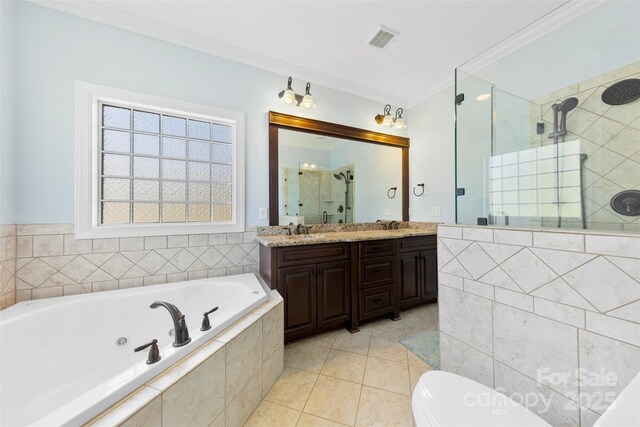 full bath with a stall shower, visible vents, a tub with jets, ornamental molding, and a sink