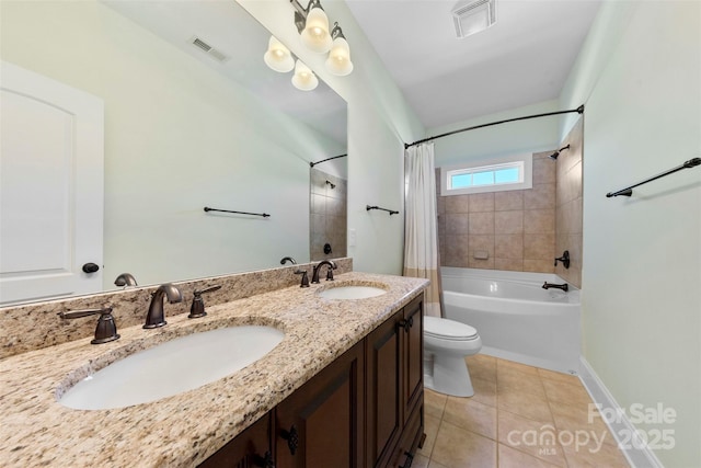 bathroom featuring shower / bathtub combination with curtain, visible vents, a sink, and tile patterned floors