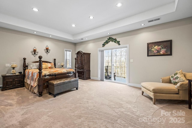 bedroom featuring light colored carpet, recessed lighting, baseboards, access to outside, and a raised ceiling