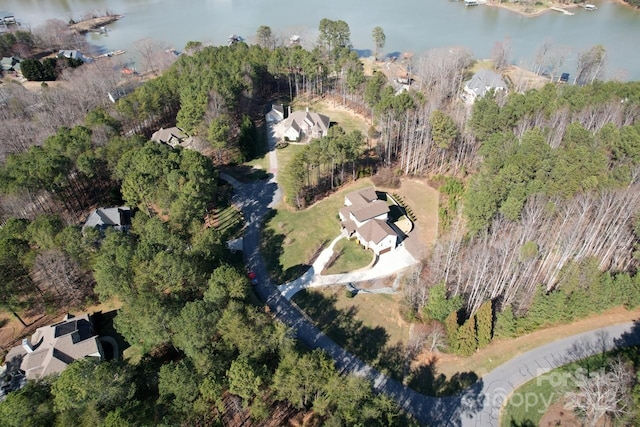 drone / aerial view with a water view and a forest view