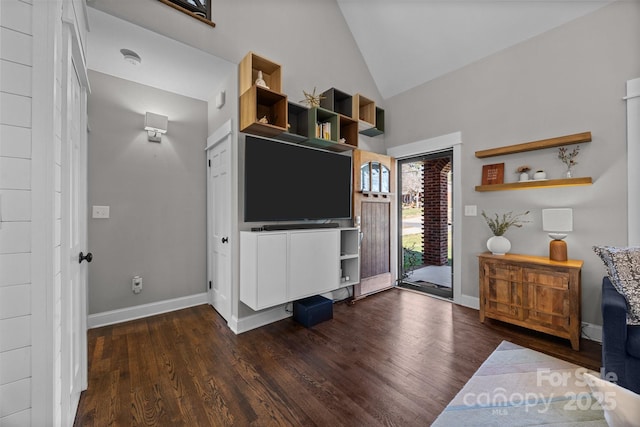 interior space featuring high vaulted ceiling, baseboards, and wood finished floors