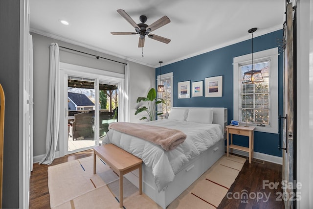 bedroom with access to exterior, ornamental molding, and wood finished floors