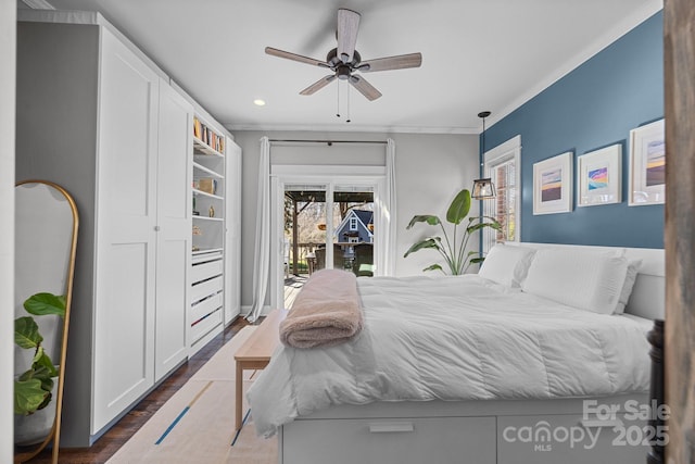 bedroom featuring access to exterior, crown molding, a ceiling fan, and dark wood-style flooring