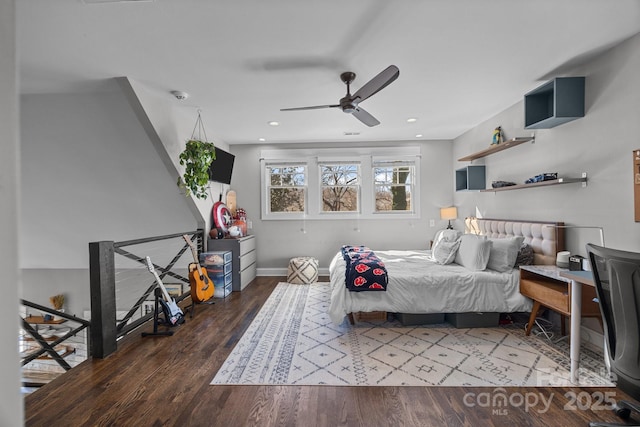 bedroom featuring recessed lighting, wood finished floors, a ceiling fan, and baseboards