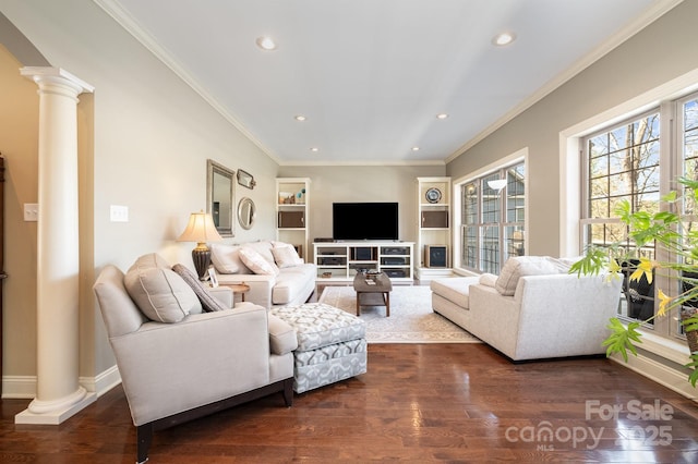 living room featuring dark wood-style flooring, recessed lighting, crown molding, and decorative columns