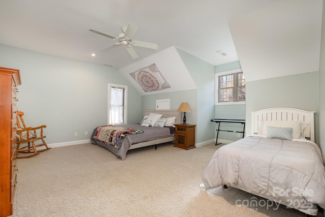 carpeted bedroom with recessed lighting, baseboards, lofted ceiling, and a ceiling fan