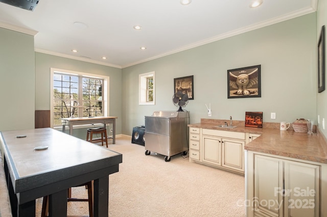 interior space featuring crown molding, recessed lighting, light colored carpet, and baseboards