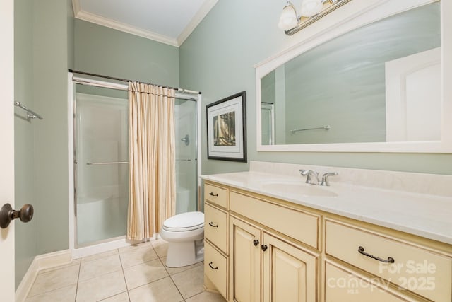 bathroom with tile patterned flooring, curtained shower, toilet, ornamental molding, and vanity