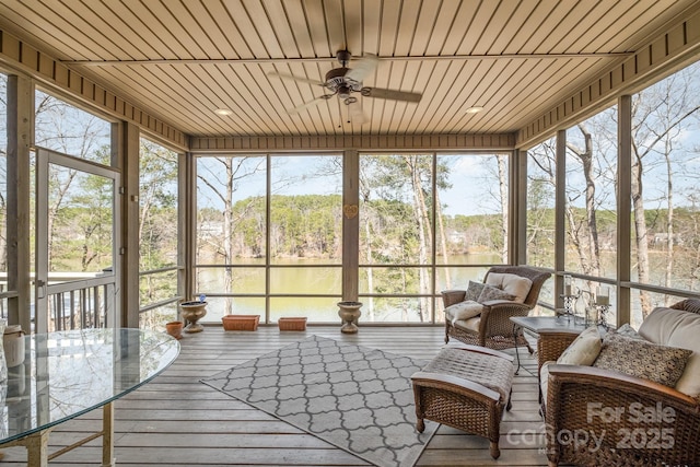 sunroom with wooden ceiling and a ceiling fan