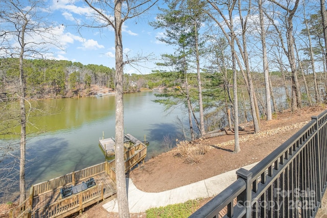 water view featuring a wooded view and a dock