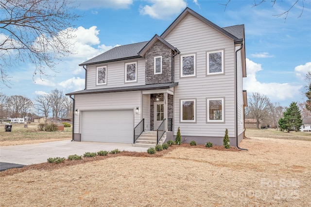 traditional-style home with an attached garage, driveway, roof with shingles, and stone siding