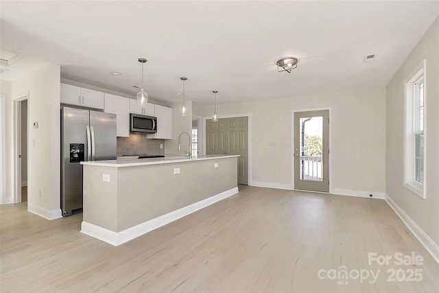 kitchen featuring appliances with stainless steel finishes, light wood-style floors, an island with sink, and tasteful backsplash