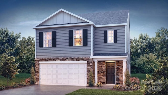 view of front of property featuring stone siding, board and batten siding, an attached garage, and driveway