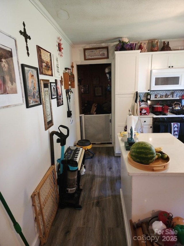 interior space featuring ornamental molding and dark wood-style flooring