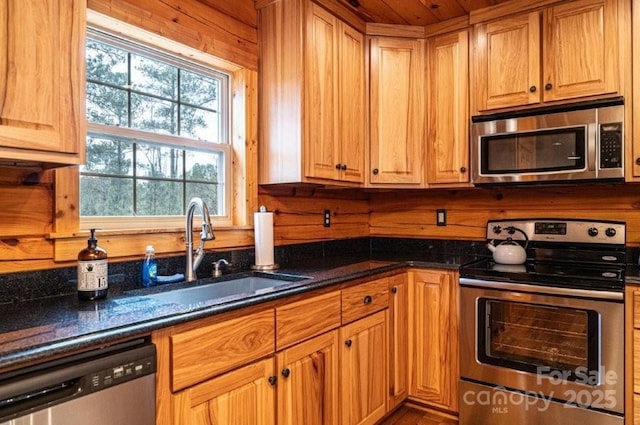 kitchen with appliances with stainless steel finishes, dark stone counters, and a sink