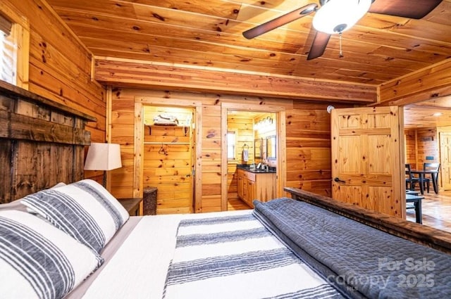 bedroom with wooden ceiling and wooden walls