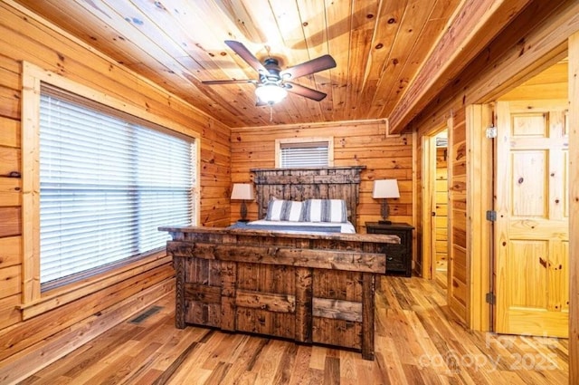 bedroom with light wood-type flooring, wooden ceiling, visible vents, and wooden walls