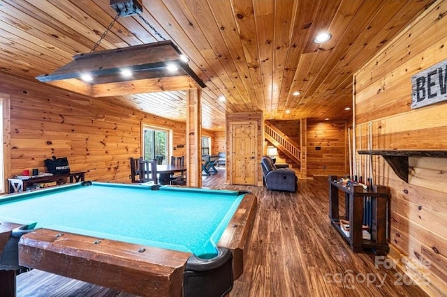 playroom featuring wooden ceiling, wood walls, wood finished floors, and pool table