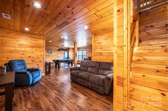 living area with wooden ceiling, recessed lighting, pool table, wood finished floors, and visible vents