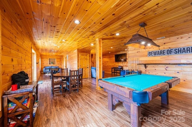 game room featuring recessed lighting, wood ceiling, wooden walls, wood finished floors, and billiards