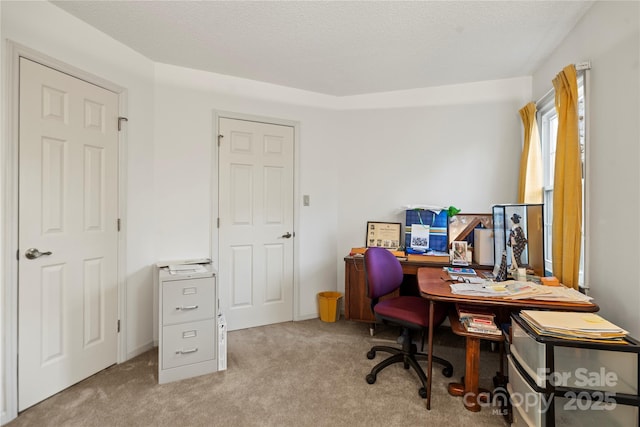 carpeted office featuring a textured ceiling