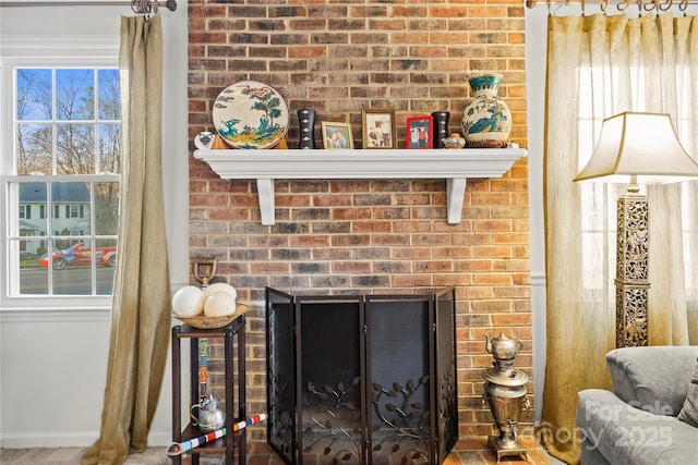 room details with a brick fireplace