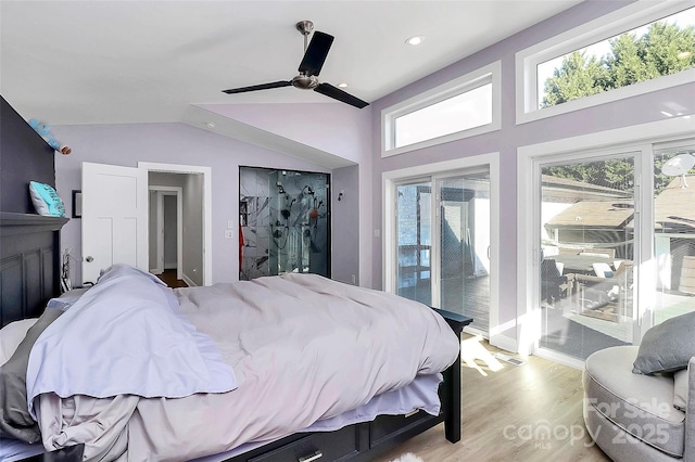 bedroom with a ceiling fan, access to outside, vaulted ceiling, and light wood finished floors