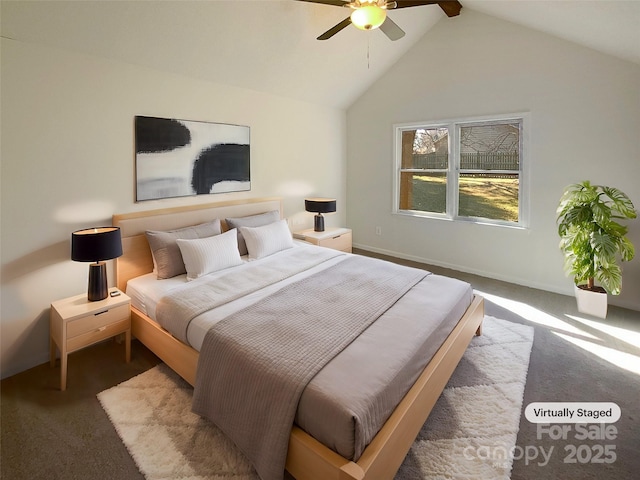 carpeted bedroom featuring high vaulted ceiling and ceiling fan