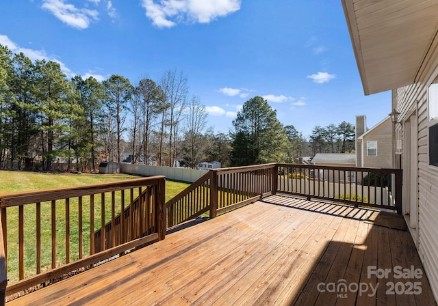 wooden deck with a lawn and fence