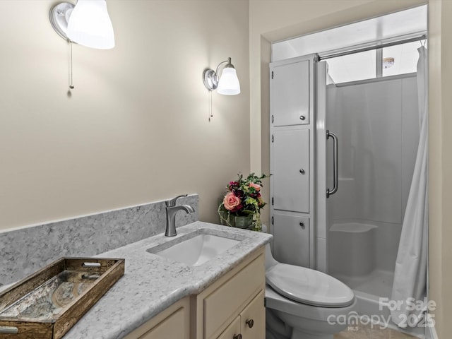 full bathroom featuring toilet, a shower stall, and vanity