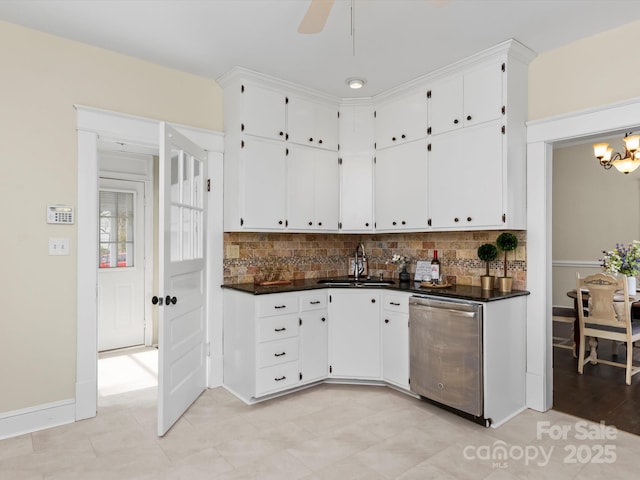 kitchen with a sink, tasteful backsplash, white cabinets, and stainless steel dishwasher