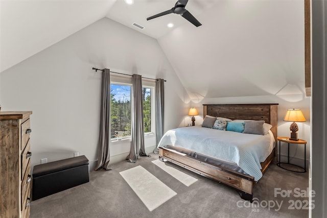 carpeted bedroom featuring lofted ceiling, recessed lighting, visible vents, and a ceiling fan