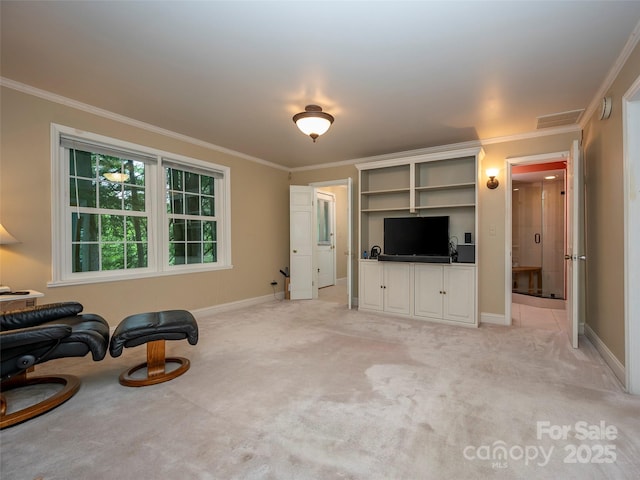 unfurnished room with light carpet, ornamental molding, visible vents, and baseboards