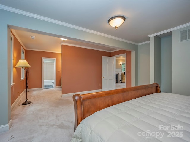 bedroom with crown molding, a fireplace, light colored carpet, visible vents, and baseboards