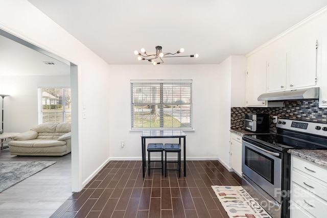 kitchen featuring stainless steel electric range, decorative backsplash, dark wood finished floors, and under cabinet range hood