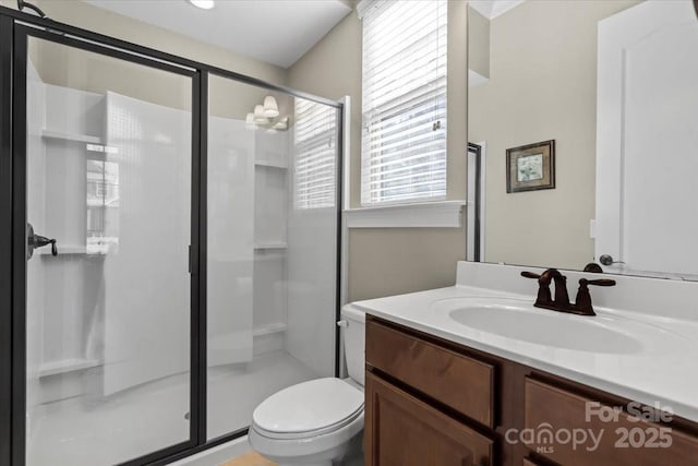 full bath featuring toilet, a shower stall, and vanity