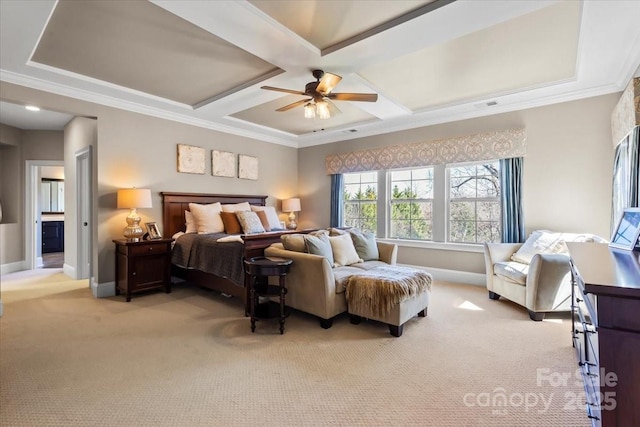 bedroom with coffered ceiling, light colored carpet, ornamental molding, and baseboards