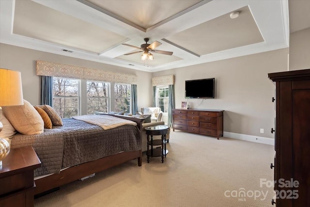 bedroom featuring baseboards, visible vents, coffered ceiling, a ceiling fan, and light colored carpet