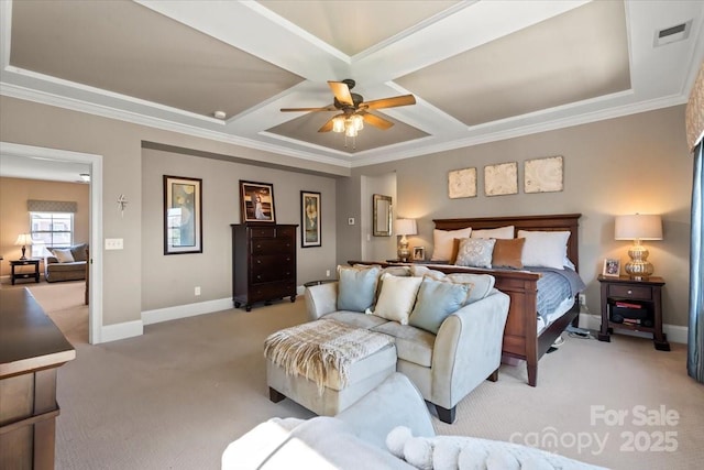 bedroom featuring coffered ceiling, light colored carpet, visible vents, and baseboards