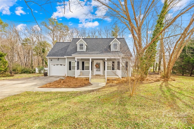 cape cod house with a porch, a front yard, driveway, and an attached garage