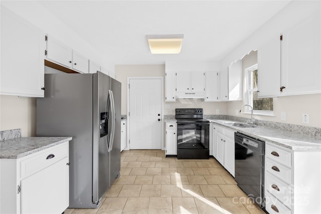 kitchen featuring white cabinetry, a sink, under cabinet range hood, and black appliances