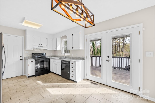 kitchen featuring french doors, white cabinetry, a sink, under cabinet range hood, and black appliances