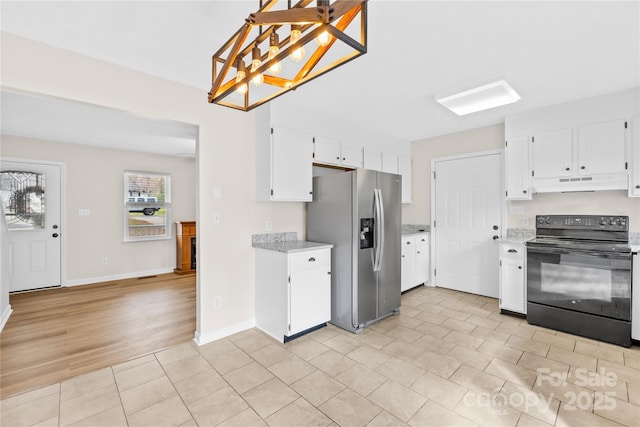 kitchen with black electric range, stainless steel refrigerator with ice dispenser, white cabinets, under cabinet range hood, and baseboards