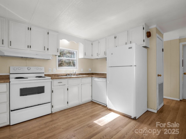 kitchen featuring white appliances, light wood-style flooring, white cabinets, and under cabinet range hood