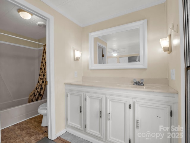 full bath with toilet, shower / tub combo, visible vents, vanity, and crown molding